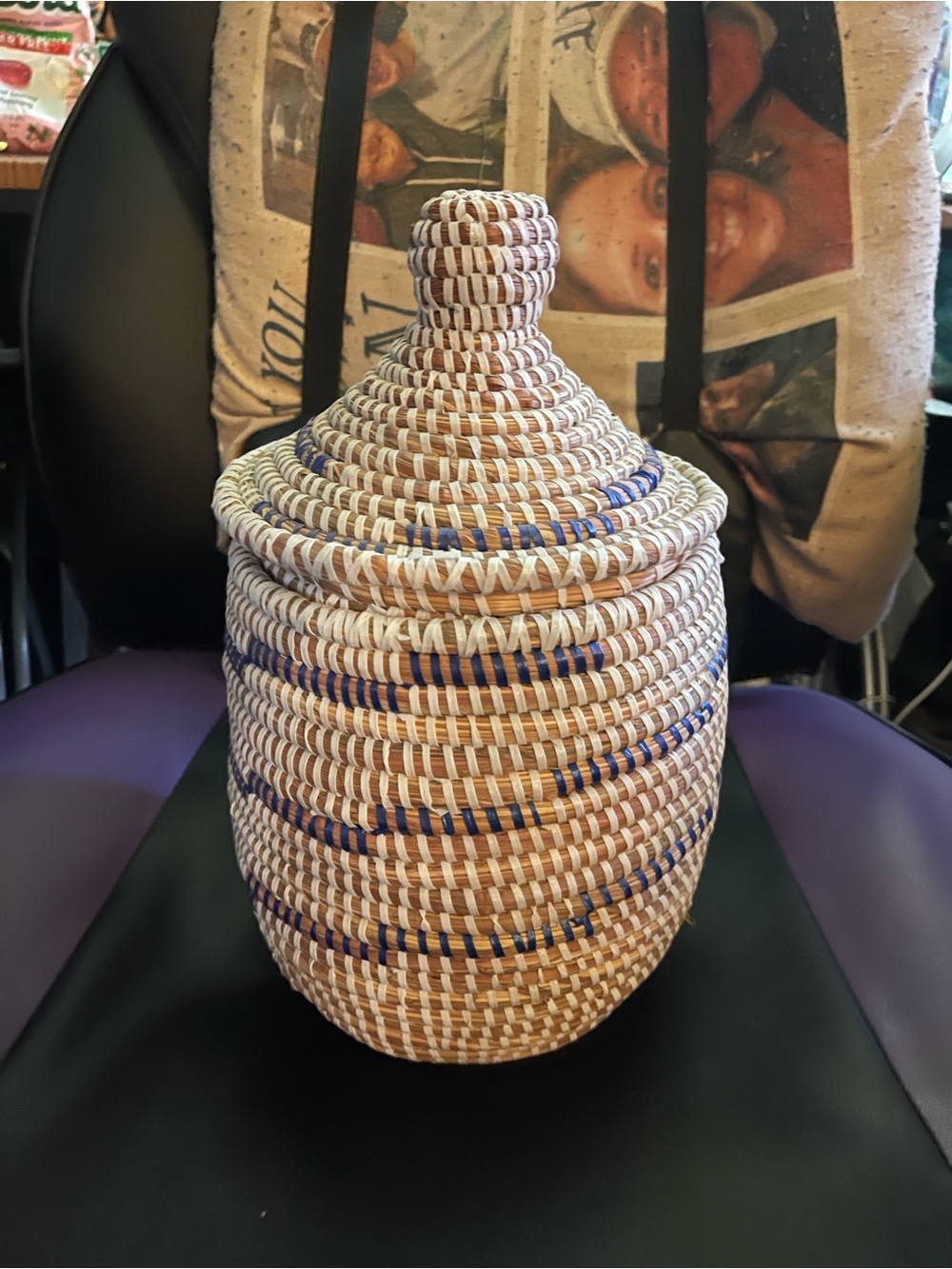 Handwoven Blue and Natural Lidded Storage Basket